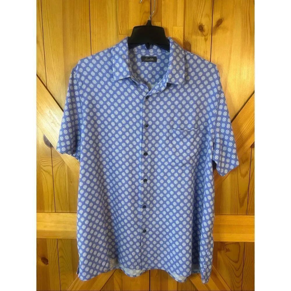 Tasso Elba Blue Silk Blend Geometric Short Sleeve Button Up Shirt Size XXL (5784